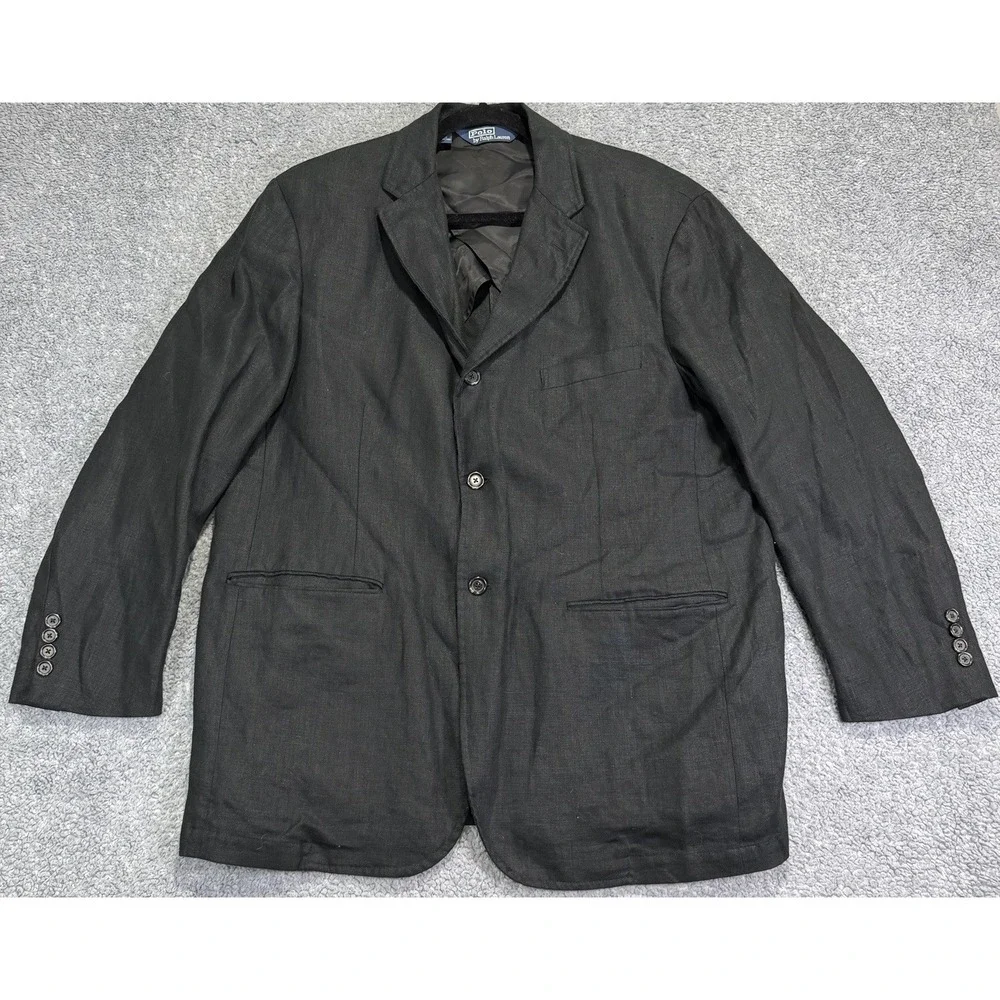 VTG Polo Ralph Lauren Men's XL 100% Linen Half Back Lined Blazer Jacket Black